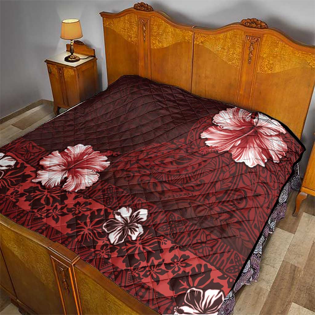 Hawaii Hibiscus With Oxblood Polynesian Pattern Quilt