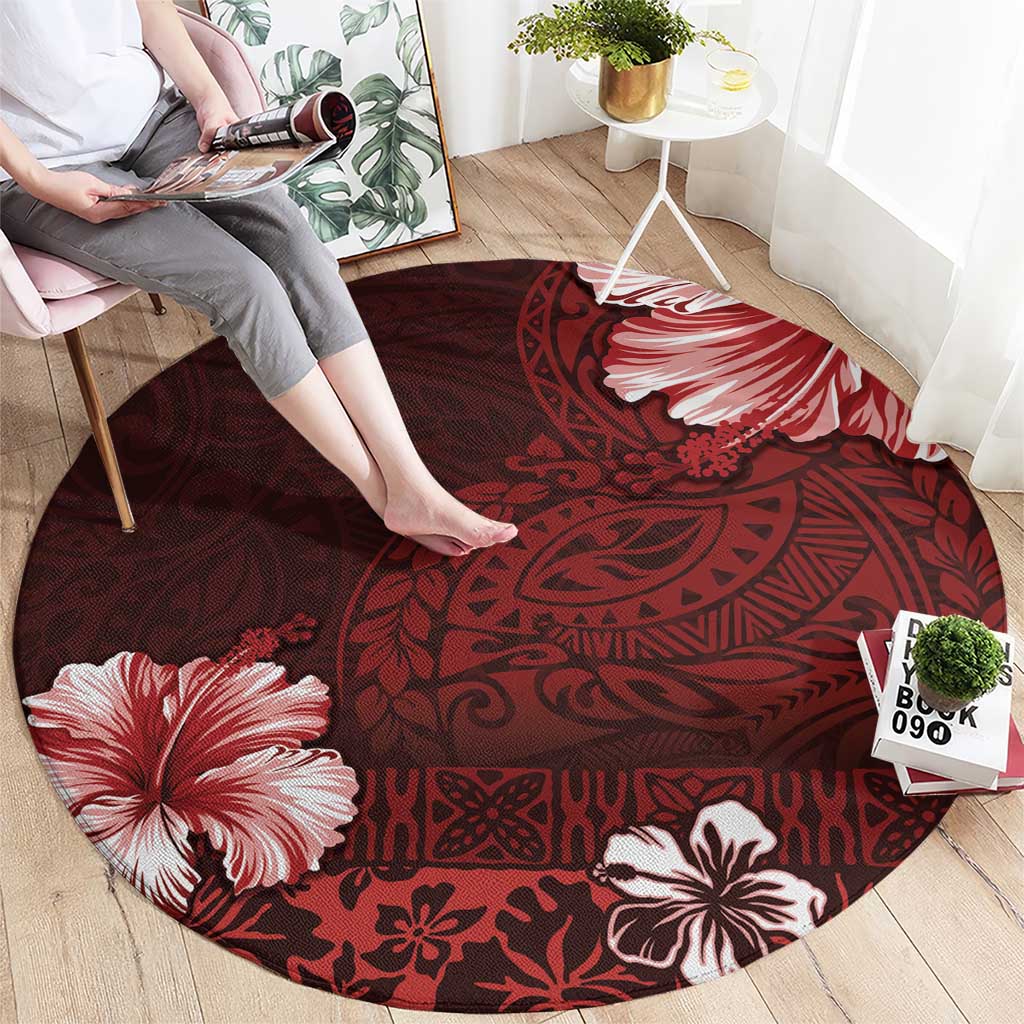 Hawaii Hibiscus With Oxblood Polynesian Pattern Round Carpet