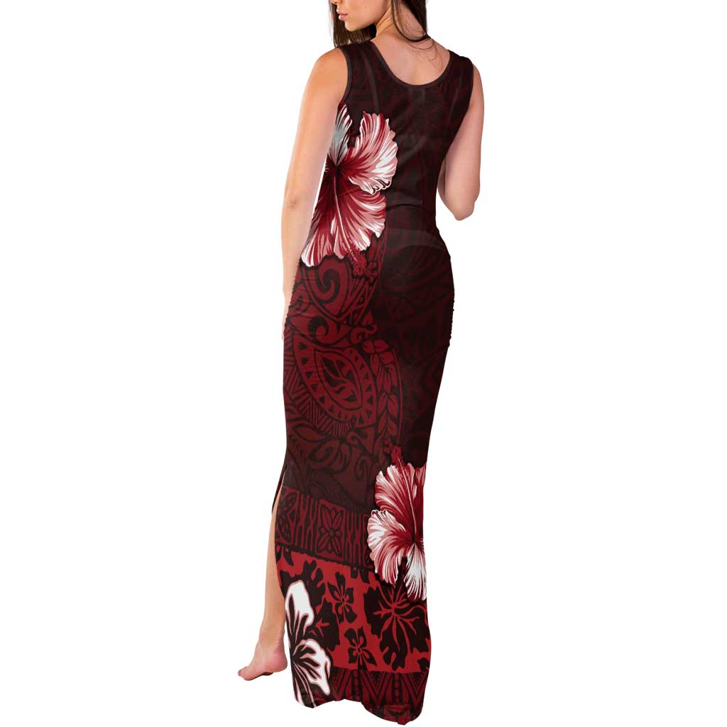 Hawaii Hibiscus With Oxblood Polynesian Pattern Tank Maxi Dress