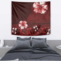 Hawaii Hibiscus With Oxblood Polynesian Pattern Tapestry