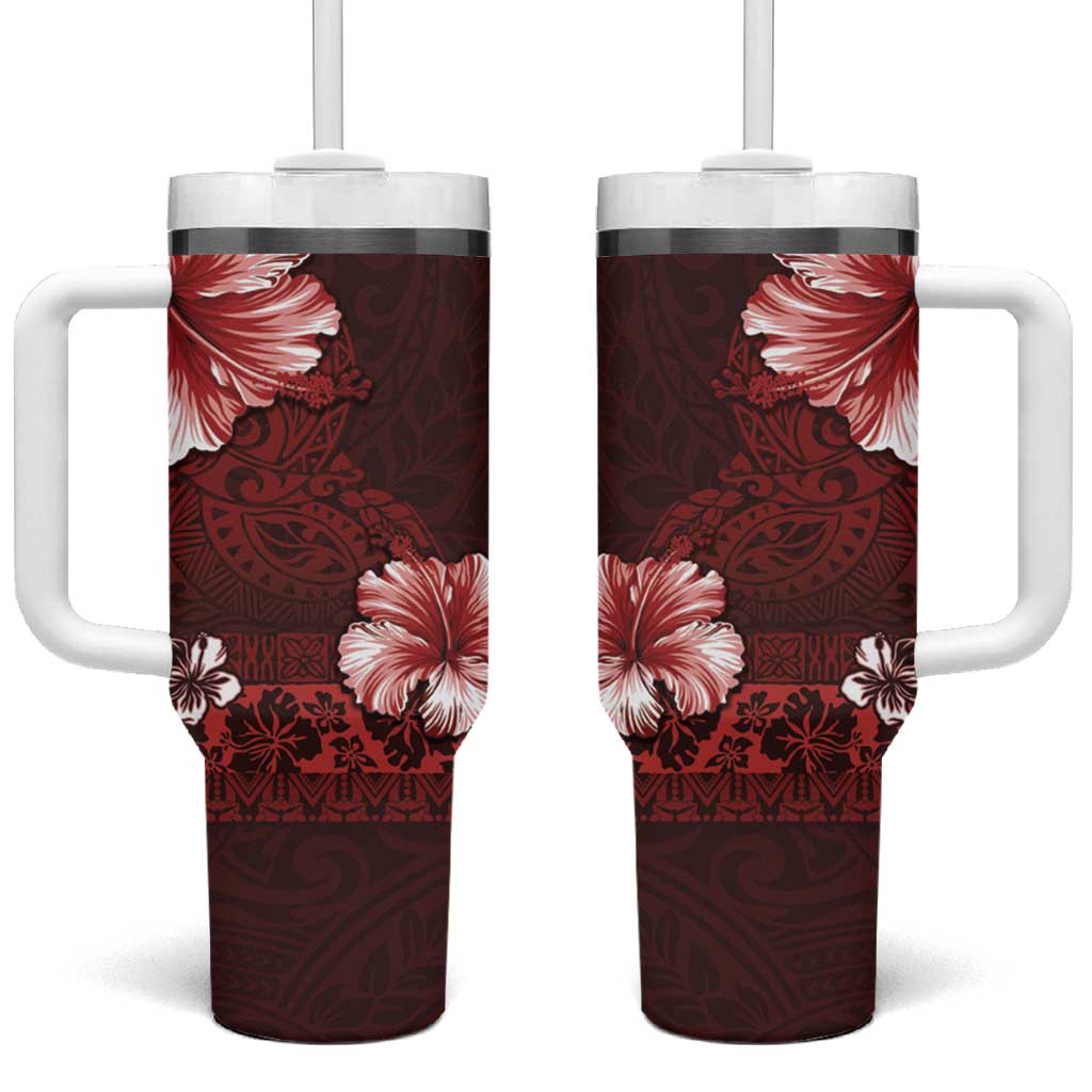 Hawaii Hibiscus With Oxblood Polynesian Pattern Tumbler With Handle