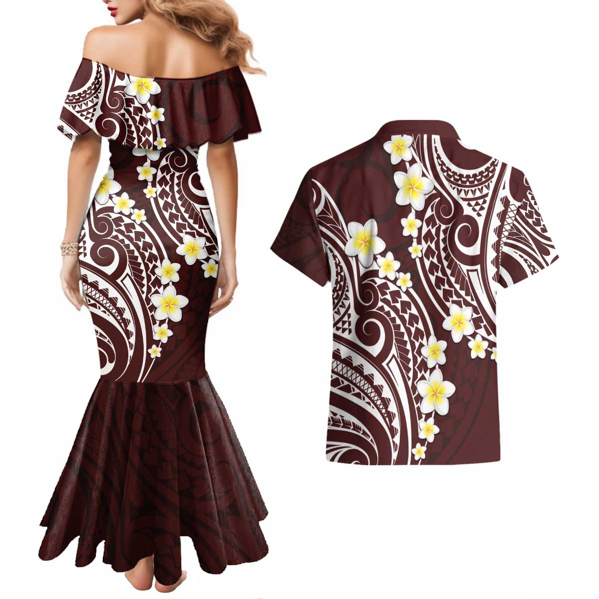Plumeria With Oxblood Polynesian Tattoo Pattern Couples Matching Mermaid Dress and Hawaiian Shirt