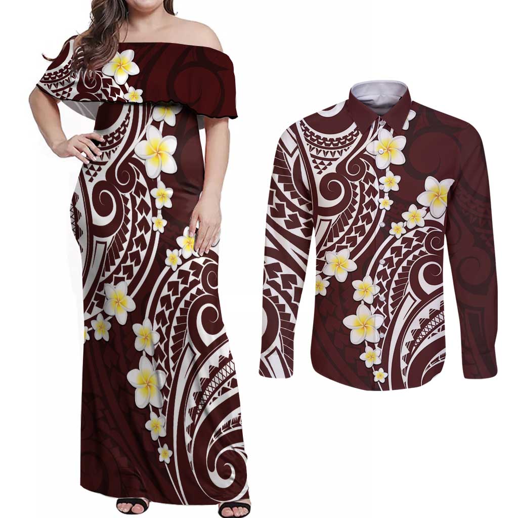 Plumeria With Oxblood Polynesian Tattoo Pattern Couples Matching Off Shoulder Maxi Dress and Long Sleeve Button Shirt