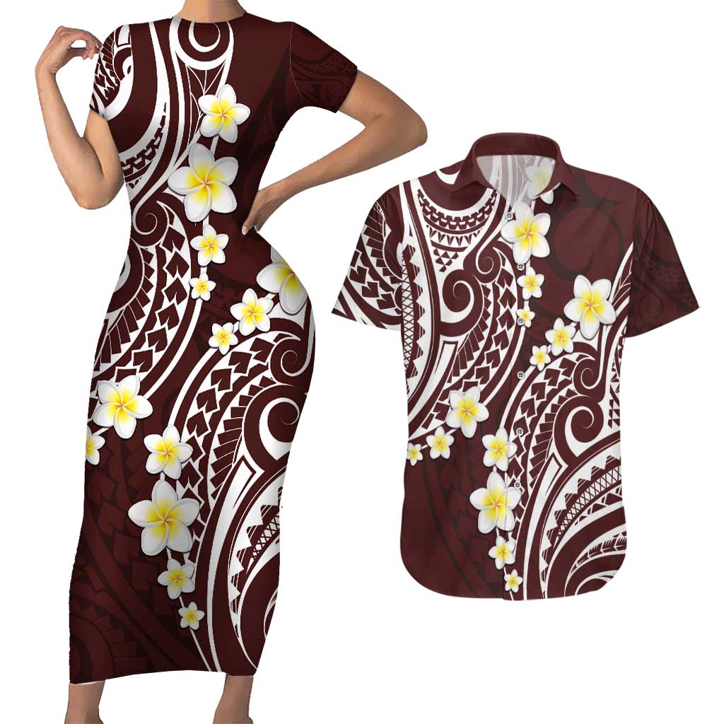 Plumeria With Oxblood Polynesian Tattoo Pattern Couples Matching Short Sleeve Bodycon Dress and Hawaiian Shirt