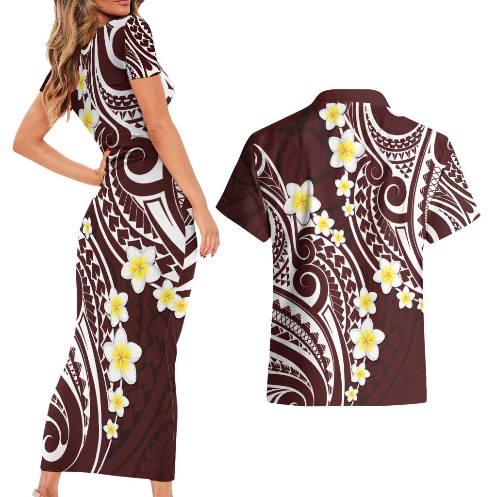 Plumeria With Oxblood Polynesian Tattoo Pattern Couples Matching Short Sleeve Bodycon Dress and Hawaiian Shirt