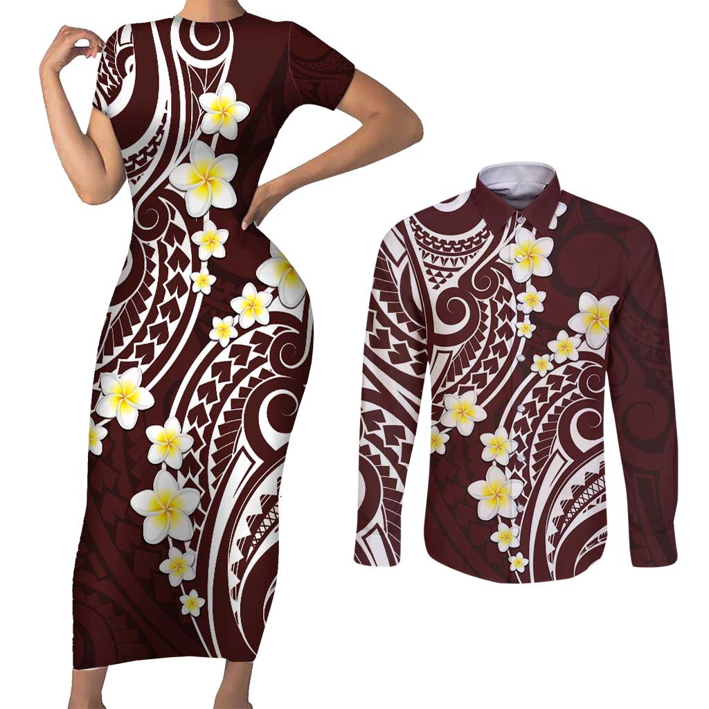 Plumeria With Oxblood Polynesian Tattoo Pattern Couples Matching Short Sleeve Bodycon Dress and Long Sleeve Button Shirt