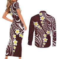 Plumeria With Oxblood Polynesian Tattoo Pattern Couples Matching Short Sleeve Bodycon Dress and Long Sleeve Button Shirt
