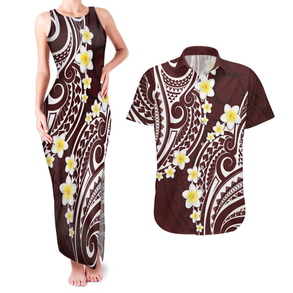 Plumeria With Oxblood Polynesian Tattoo Pattern Couples Matching Tank Maxi Dress and Hawaiian Shirt