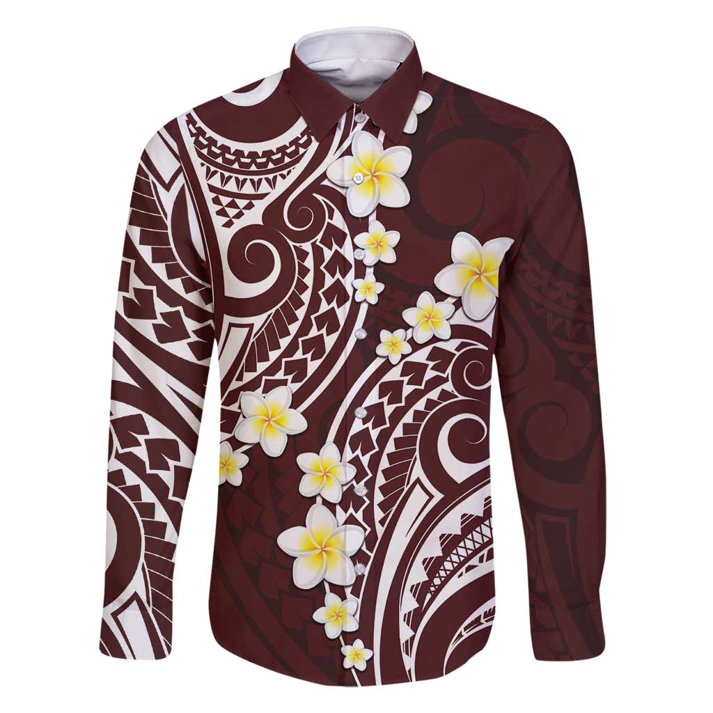 Plumeria With Oxblood Polynesian Tattoo Pattern Family Matching Long Sleeve Bodycon Dress and Hawaiian Shirt LT05 Dad's Shirt - Long Sleeve Red - Polynesian Pride