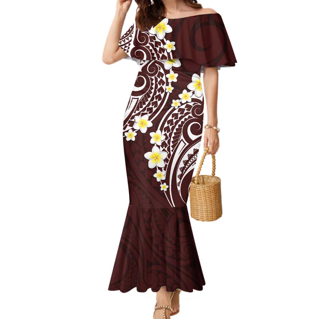 Plumeria With Oxblood Polynesian Tattoo Pattern Family Matching Mermaid Dress and Hawaiian Shirt LT05 Mom's Dress Red - Polynesian Pride