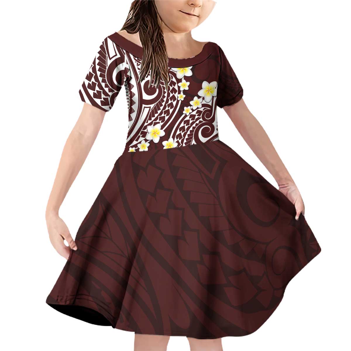 Plumeria With Oxblood Polynesian Tattoo Pattern Family Matching Off Shoulder Short Dress and Hawaiian Shirt