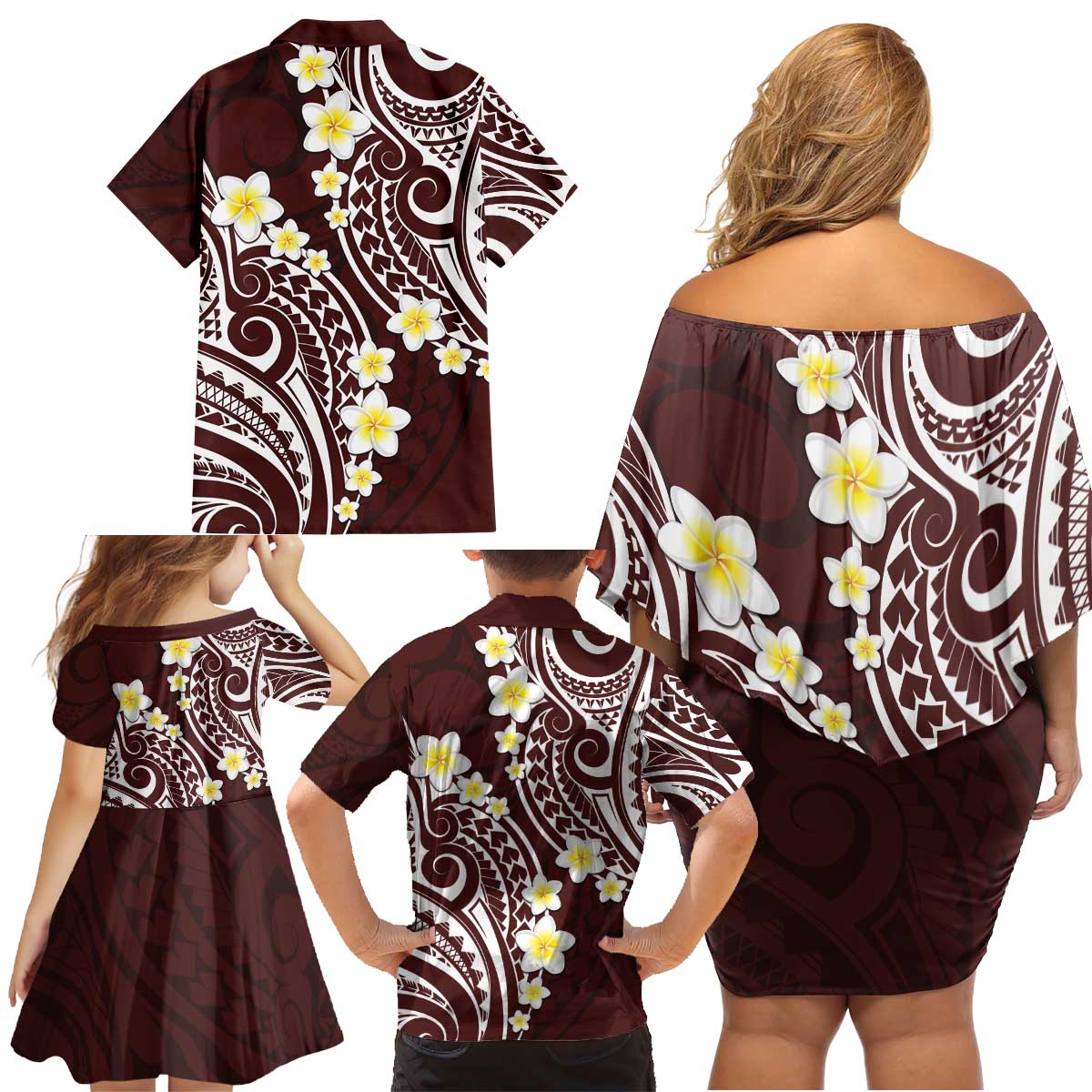 Plumeria With Oxblood Polynesian Tattoo Pattern Family Matching Off Shoulder Short Dress and Hawaiian Shirt