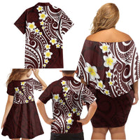 Plumeria With Oxblood Polynesian Tattoo Pattern Family Matching Off Shoulder Short Dress and Hawaiian Shirt