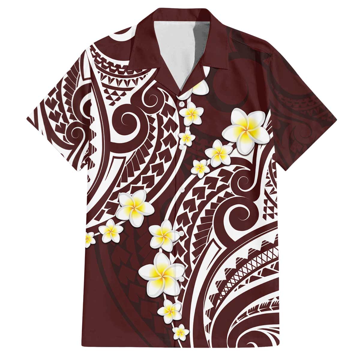 Plumeria With Oxblood Polynesian Tattoo Pattern Family Matching Off Shoulder Short Dress and Hawaiian Shirt