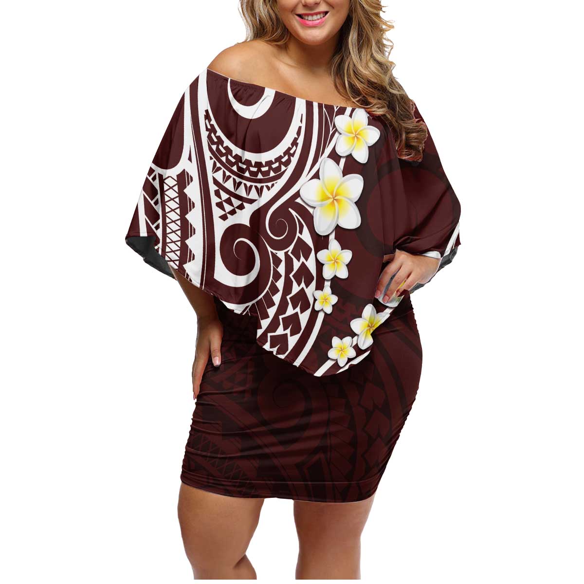 Plumeria With Oxblood Polynesian Tattoo Pattern Family Matching Off Shoulder Short Dress and Hawaiian Shirt