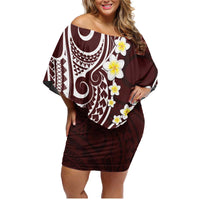 Plumeria With Oxblood Polynesian Tattoo Pattern Family Matching Off Shoulder Short Dress and Hawaiian Shirt