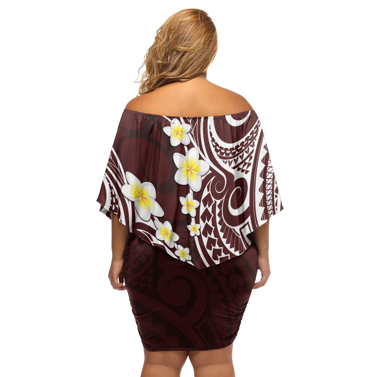 Plumeria With Oxblood Polynesian Tattoo Pattern Family Matching Off Shoulder Short Dress and Hawaiian Shirt