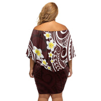 Plumeria With Oxblood Polynesian Tattoo Pattern Family Matching Off Shoulder Short Dress and Hawaiian Shirt