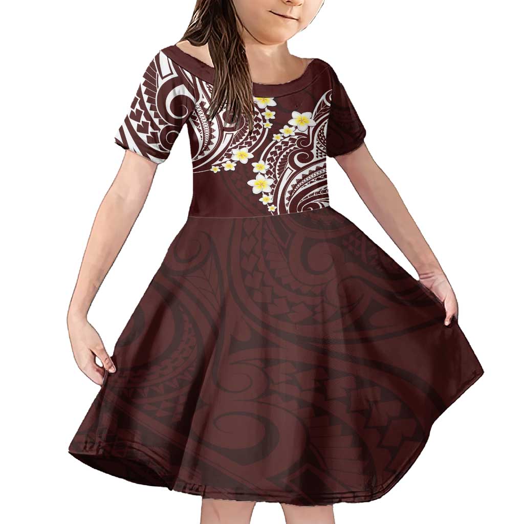 Plumeria With Oxblood Polynesian Tattoo Pattern Family Matching Short Sleeve Bodycon Dress and Hawaiian Shirt LT05 Daughter's Dress Red - Polynesian Pride