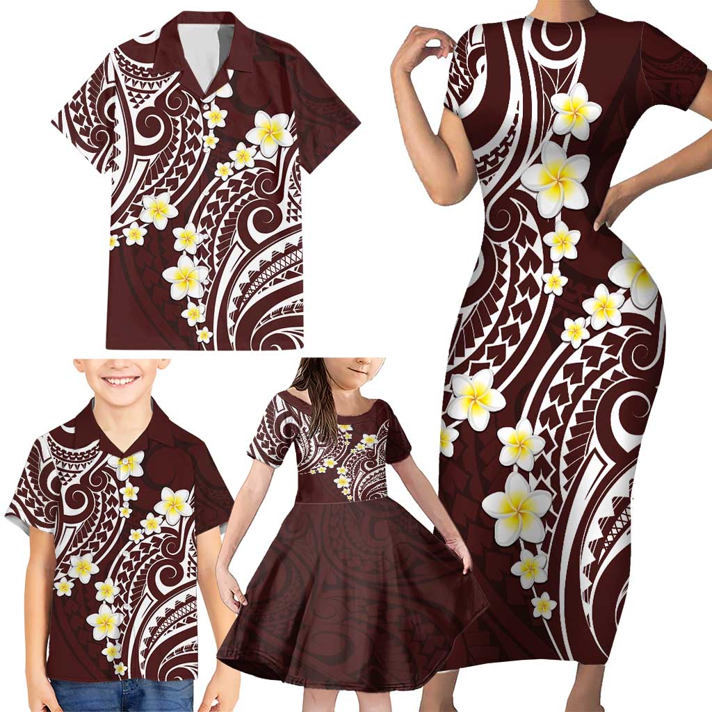 Plumeria With Oxblood Polynesian Tattoo Pattern Family Matching Short Sleeve Bodycon Dress and Hawaiian Shirt LT05 - Polynesian Pride