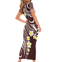 Plumeria With Oxblood Polynesian Tattoo Pattern Family Matching Short Sleeve Bodycon Dress and Hawaiian Shirt LT05 - Polynesian Pride
