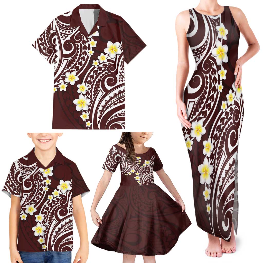 Plumeria With Oxblood Polynesian Tattoo Pattern Family Matching Tank Maxi Dress and Hawaiian Shirt