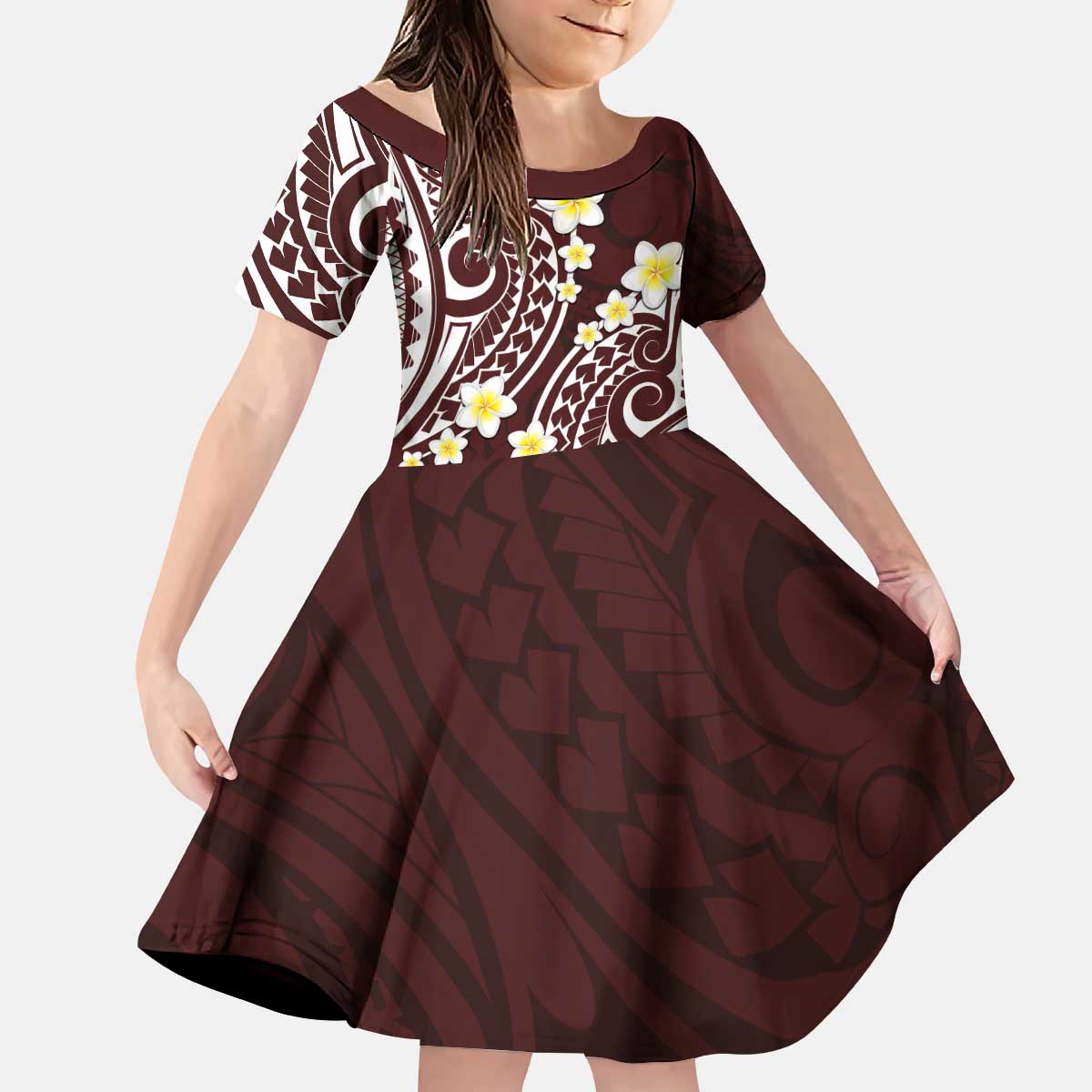 Plumeria With Oxblood Polynesian Tattoo Pattern Kid Short Sleeve Dress