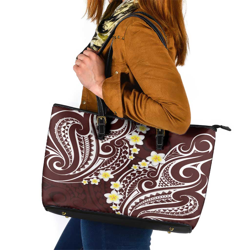 Plumeria With Oxblood Polynesian Tattoo Pattern Leather Tote Bag