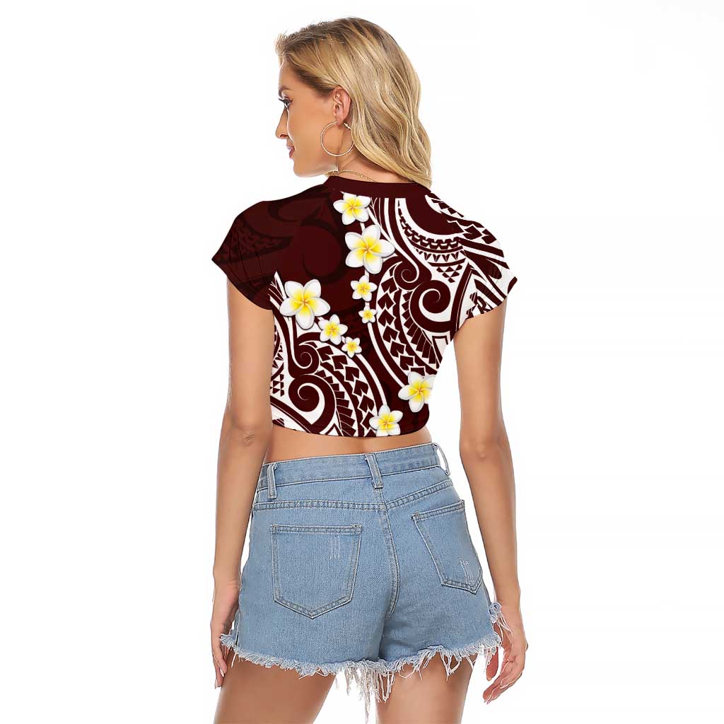 Plumeria With Oxblood Polynesian Tattoo Pattern Raglan Cropped T Shirt