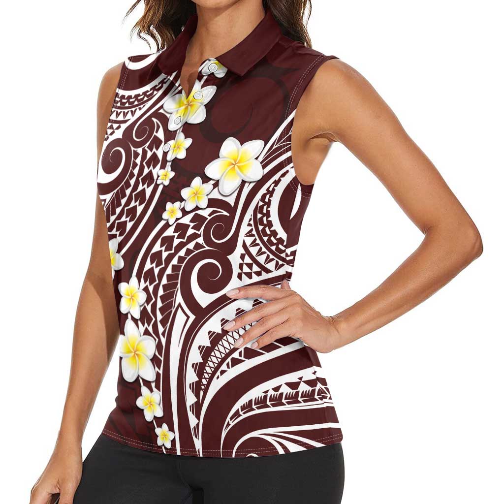 Plumeria With Oxblood Polynesian Tattoo Pattern Women Sleeveless Polo Shirt