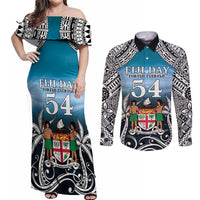 Personalised Happy 54th Fiji Day Couples Matching Off Shoulder Maxi Dress and Long Sleeve Button Shirt Forever Fiji With Tapa Tribal Pattern LT05 Blue - Polynesian Pride