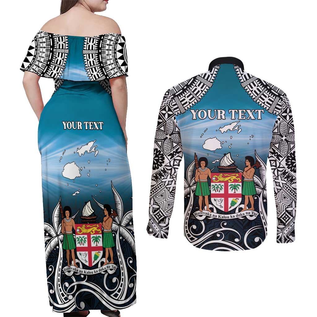 Personalised Happy 54th Fiji Day Couples Matching Off Shoulder Maxi Dress and Long Sleeve Button Shirt Forever Fiji With Tapa Tribal Pattern LT05 - Polynesian Pride