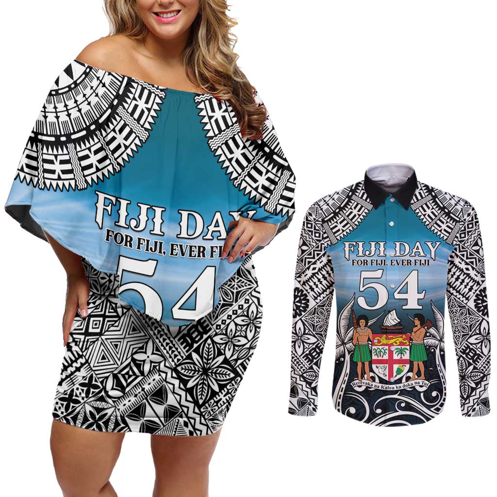 Personalised Happy 54th Fiji Day Couples Matching Off Shoulder Short Dress and Long Sleeve Button Shirt Forever Fiji With Tapa Tribal Pattern LT05 Blue - Polynesian Pride