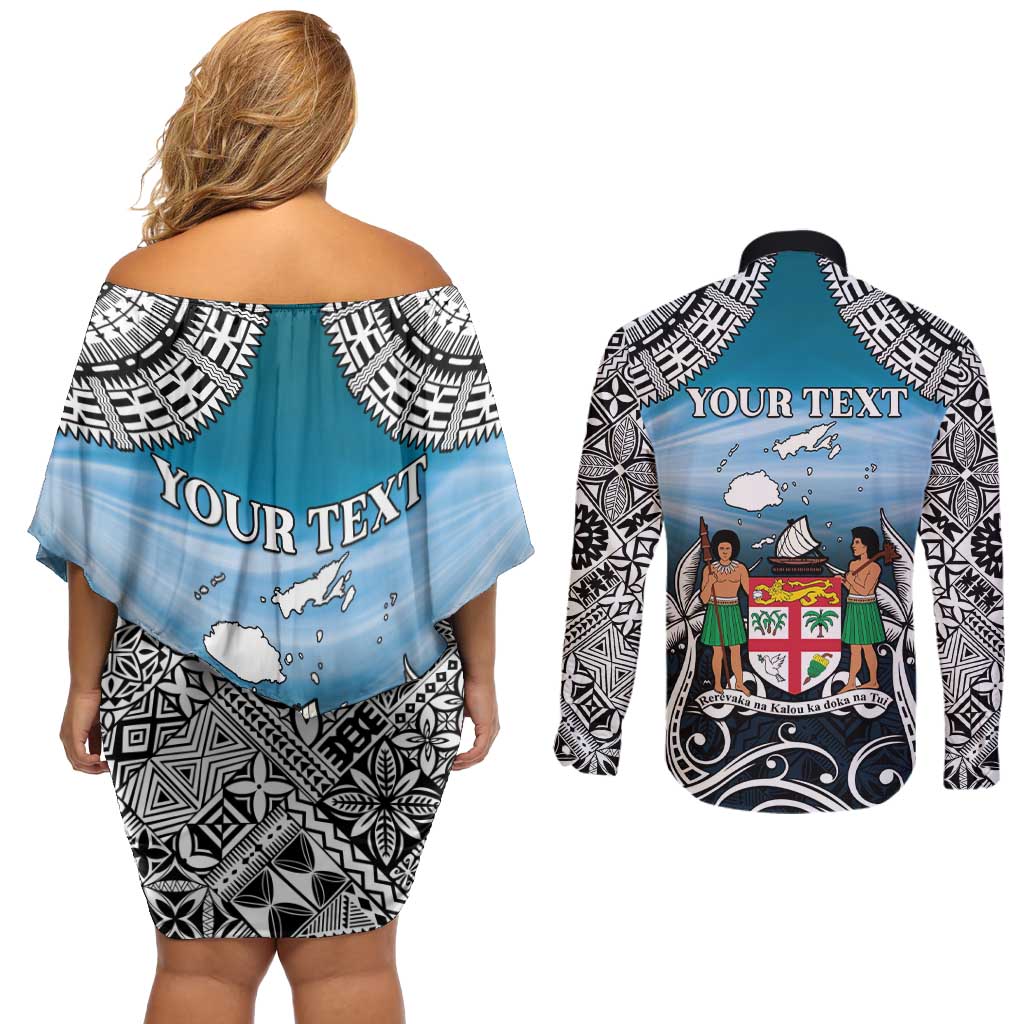 Personalised Happy 54th Fiji Day Couples Matching Off Shoulder Short Dress and Long Sleeve Button Shirt Forever Fiji With Tapa Tribal Pattern LT05 - Polynesian Pride