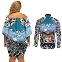 Personalised Happy 54th Fiji Day Couples Matching Off Shoulder Short Dress and Long Sleeve Button Shirt Forever Fiji With Tapa Tribal Pattern LT05 - Polynesian Pride