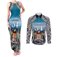 Personalised Happy 54th Fiji Day Couples Matching Tank Maxi Dress and Long Sleeve Button Shirt Forever Fiji With Tapa Tribal Pattern LT05 Blue - Polynesian Pride