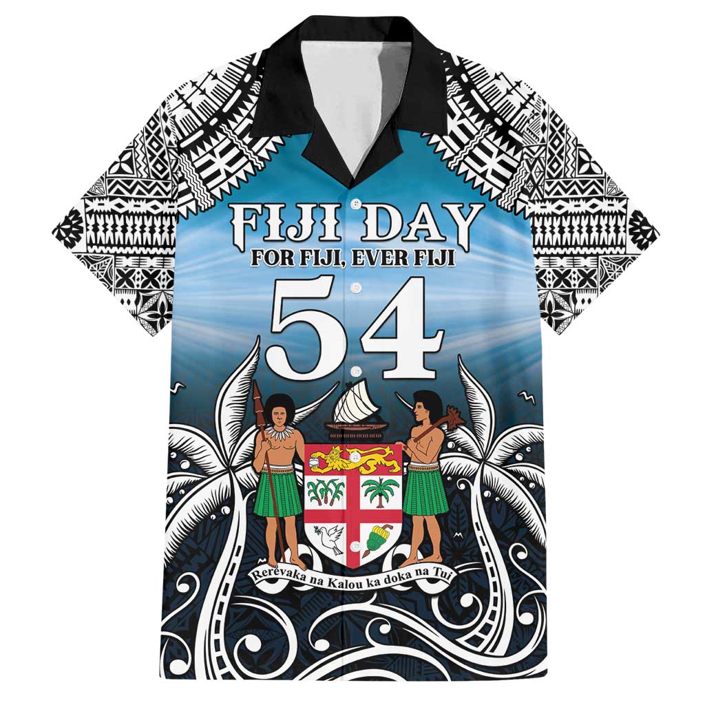 Personalised Happy 54th Fiji Day Family Matching Long Sleeve Bodycon Dress and Hawaiian Shirt Forever Fiji With Tapa Tribal Pattern LT05 Dad's Shirt - Short Sleeve Blue - Polynesian Pride