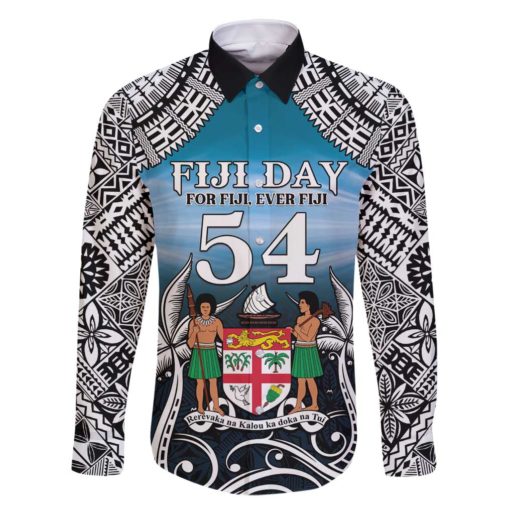 Personalised Happy 54th Fiji Day Family Matching Long Sleeve Bodycon Dress and Hawaiian Shirt Forever Fiji With Tapa Tribal Pattern LT05 Dad's Shirt - Long Sleeve Blue - Polynesian Pride
