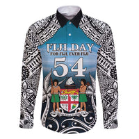 Personalised Happy 54th Fiji Day Family Matching Long Sleeve Bodycon Dress and Hawaiian Shirt Forever Fiji With Tapa Tribal Pattern LT05 Dad's Shirt - Long Sleeve Blue - Polynesian Pride