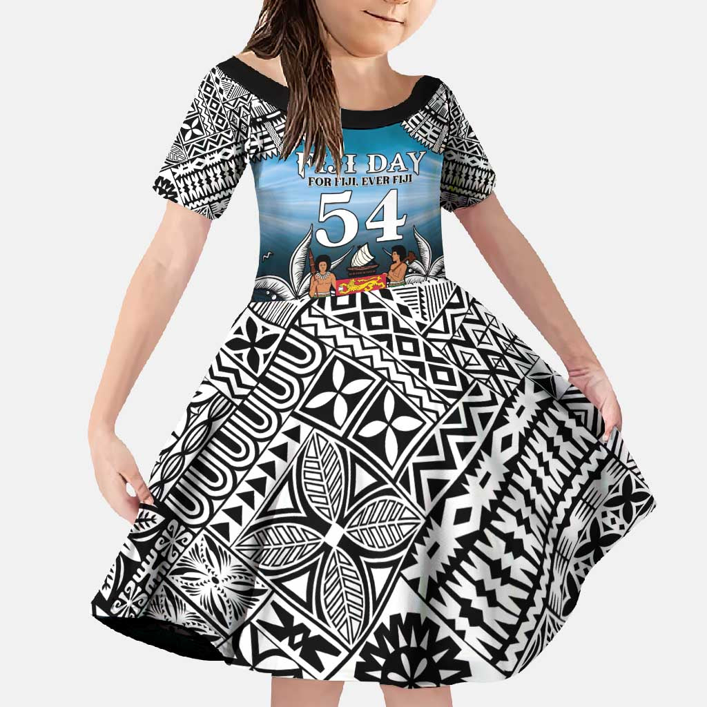 Personalised Happy 54th Fiji Day Family Matching Mermaid Dress and Hawaiian Shirt Forever Fiji With Tapa Tribal Pattern LT05 Daughter's Dress Blue - Polynesian Pride