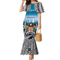 Personalised Happy 54th Fiji Day Family Matching Mermaid Dress and Hawaiian Shirt Forever Fiji With Tapa Tribal Pattern LT05 Mom's Dress Blue - Polynesian Pride