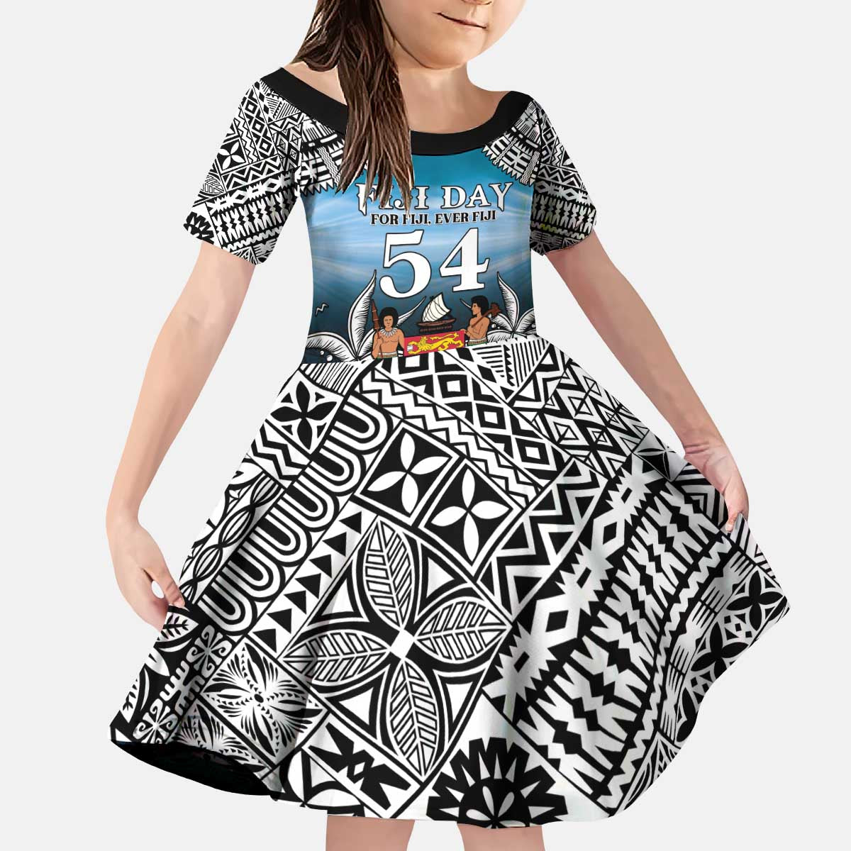 Personalised Happy 54th Fiji Day Family Matching Puletasi and Hawaiian Shirt Forever Fiji With Tapa Tribal Pattern LT05 Daughter's Dress Blue - Polynesian Pride
