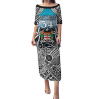 Personalised Happy 54th Fiji Day Family Matching Puletasi and Hawaiian Shirt Forever Fiji With Tapa Tribal Pattern LT05 Mom's Dress Blue - Polynesian Pride
