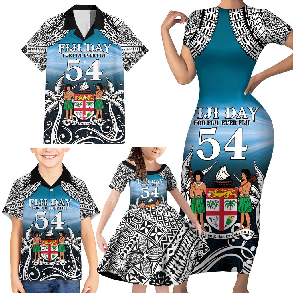 Personalised Happy 54th Fiji Day Family Matching Short Sleeve Bodycon Dress and Hawaiian Shirt Forever Fiji With Tapa Tribal Pattern LT05 - Polynesian Pride