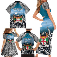 Personalised Happy 54th Fiji Day Family Matching Short Sleeve Bodycon Dress and Hawaiian Shirt Forever Fiji With Tapa Tribal Pattern LT05 - Polynesian Pride