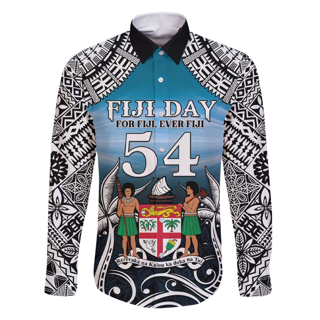 Personalised Happy 54th Fiji Day Family Matching Short Sleeve Bodycon Dress and Hawaiian Shirt Forever Fiji With Tapa Tribal Pattern LT05 Dad's Shirt - Long Sleeve Blue - Polynesian Pride