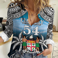 Personalised Happy 54th Fiji Day Women Casual Shirt Forever Fiji With Tapa Tribal Pattern LT05 Female Blue - Polynesian Pride