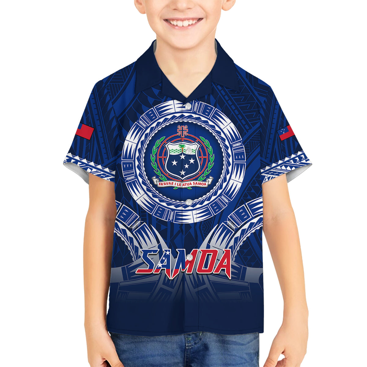 Samoa Rugby Family Matching Off Shoulder Short Dress and Hawaiian Shirt World Cup 2023 Coat Of Arms With Polynesian Pattern LT05 Son's Shirt Blue - Polynesian Pride
