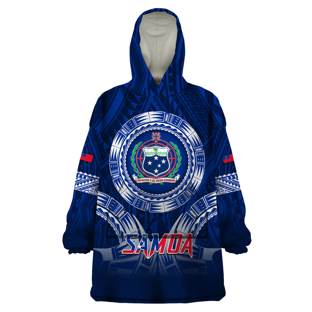 Samoa Rugby Wearable Blanket Hoodie World Cup 2023 Coat Of Arms With Polynesian Pattern LT05 One Size Blue - Polynesian Pride