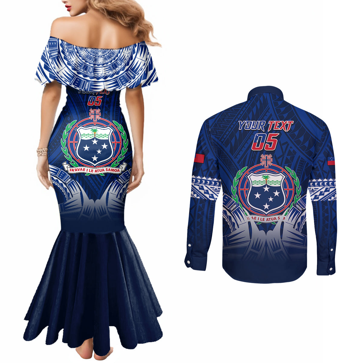 Custom Samoa Rugby Couples Matching Mermaid Dress and Long Sleeve Button Shirts World Cup 2023 Coat Of Arms With Polynesian Pattern LT05 - Polynesian Pride